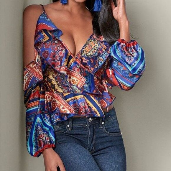 VENUS Blue Multi Cold-Shoulder Wrap Top - Picture 4 of 4